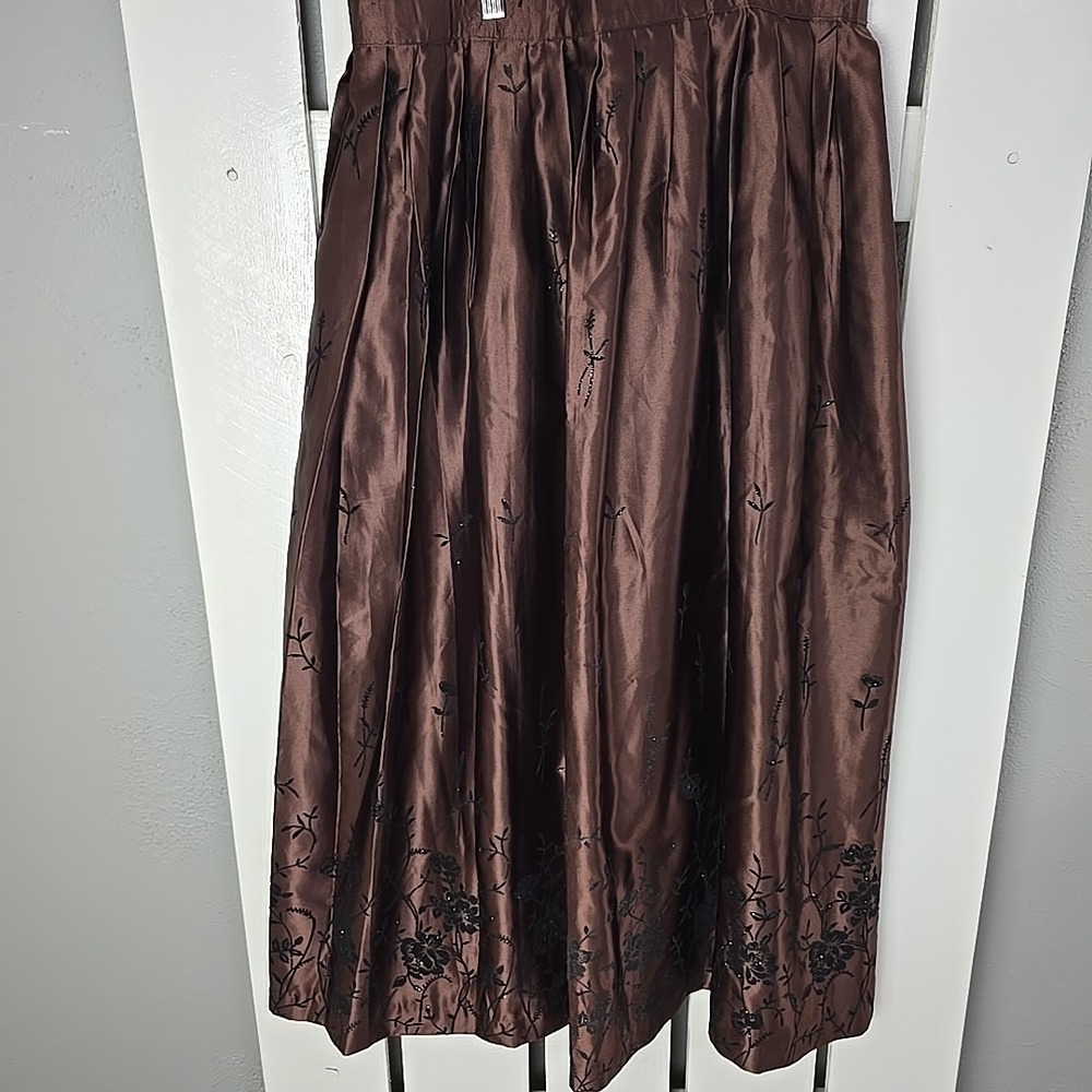 Whimsigoth Brown Floral Taffeta Maxi Skirt Medium Evening Party‎ Black Flowers